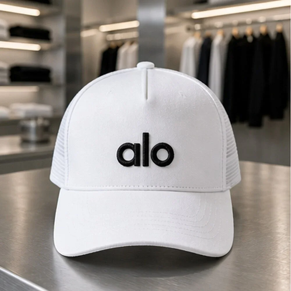 ALO Yoga White Black Running Mesh Trucker Cap Hat NWT